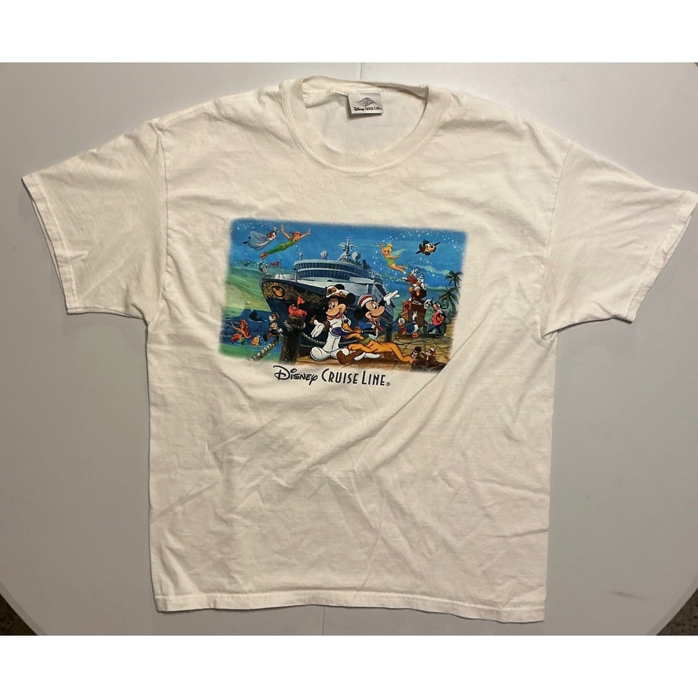 Disney Cruise Line White Mickey Ariel Goofy Peter Pan  Vacation T Shirt Mens XL